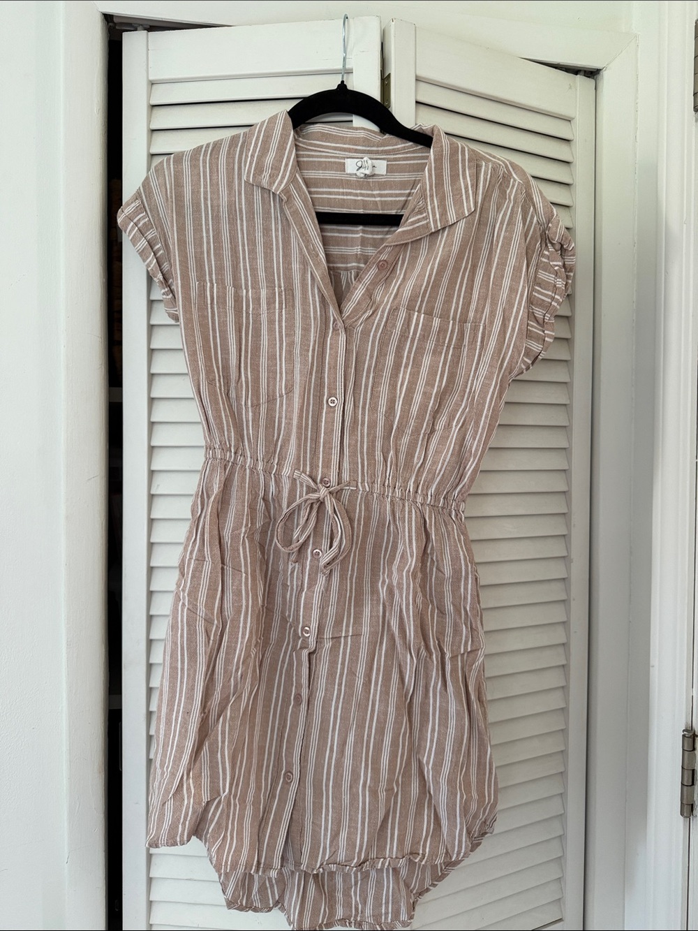 Striped Linen-Blend Shirt Dress in Beige - Casual Tie-Waist Dress